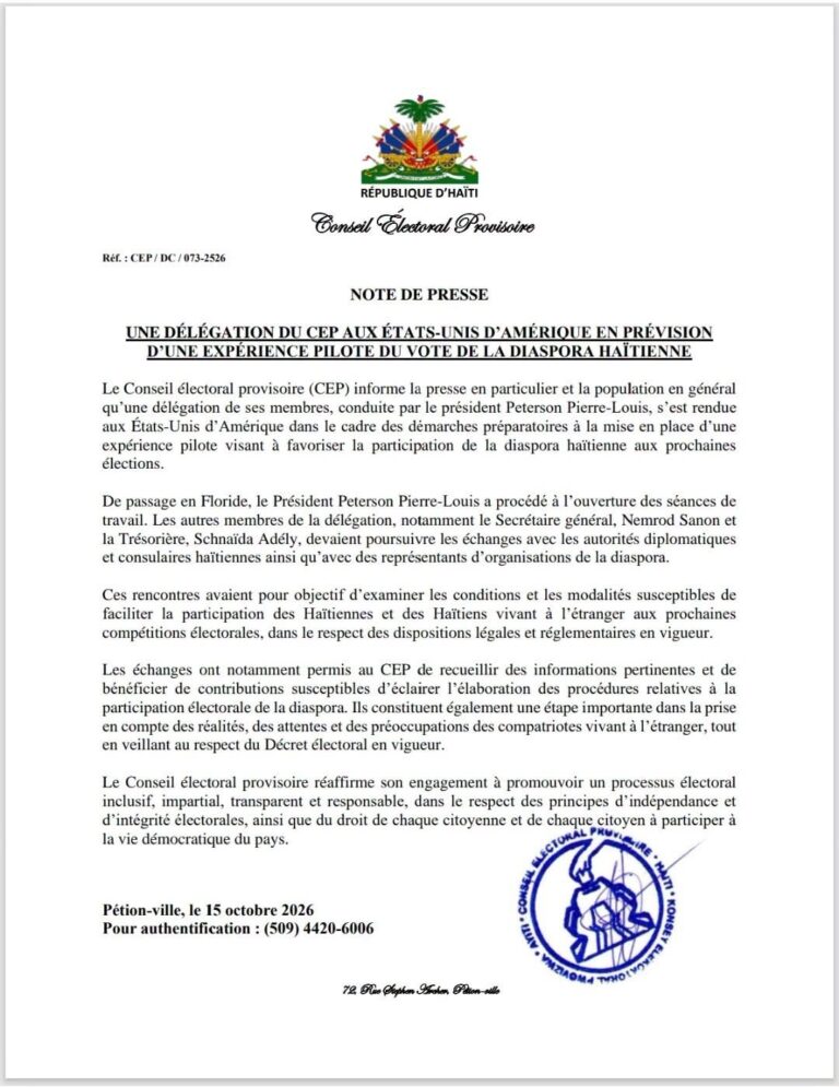 Élections 2026 : le CEP en mission aux États-Unis pour préparer une expérience pilote du vote de la diaspora haïtienne