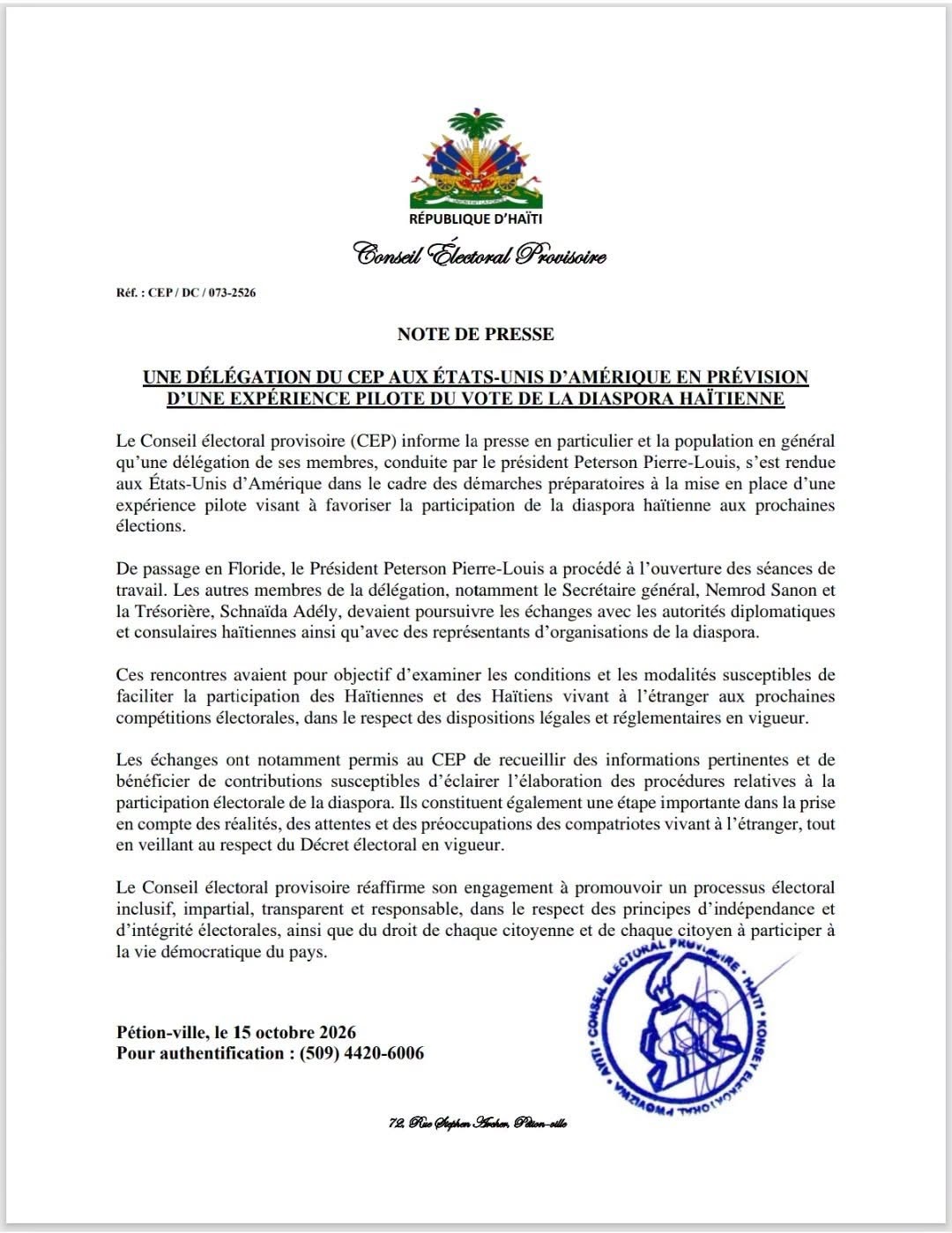 Note de presse du CEP du 15 octobre 2026 sur une mission aux États-Unis en préparation du vote de la diaspora.